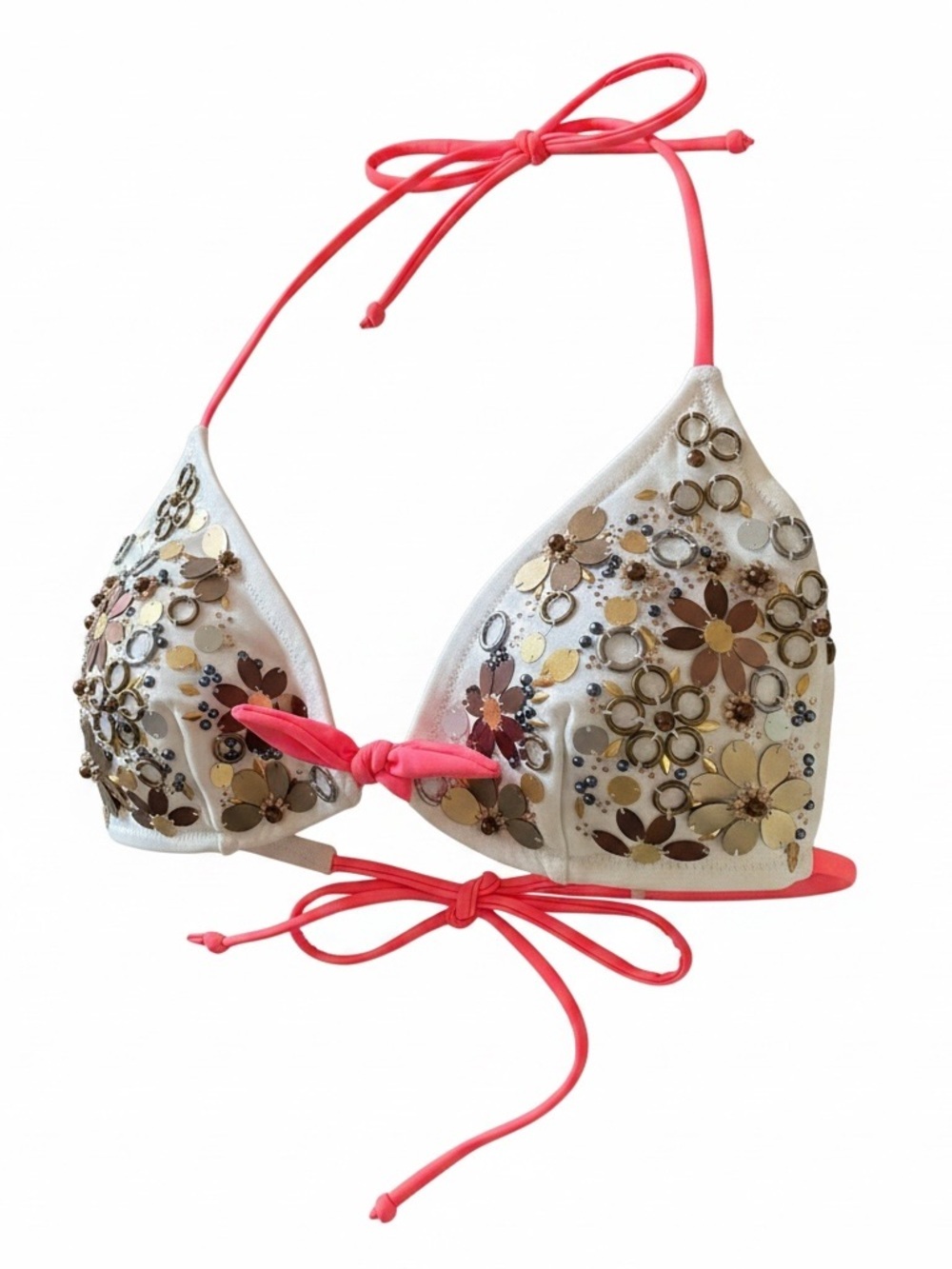 VICTORIAS SECRET STRING BIKINI TOP GOLD FLORAL EMBELLISHED HALTER SWIMWEAR SZ L